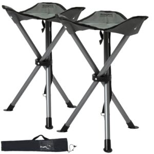 2er-Set kompakte Dreibein-Campinghocker in grau mit Tragetasche, ideal für Outdoor-Aktivitäten wie Camping und Festivals.