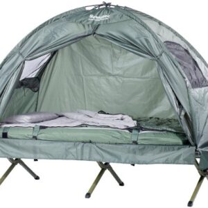 Semptec Urban Survival Technology Zeltbett in offener Position, kombiniert Zelt, Feldbett und Schlafsack für komfortables Camping.