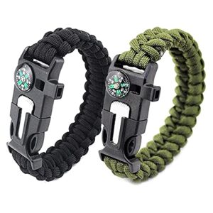 Zwei multifunktionale Überlebensarmbänder aus Paracord in Schwarz und Dunkelgrün mit integriertem Kompass und stabiler Schnalle, ideal für Outdoor-Aktivitäten wie Camping und Wandern.