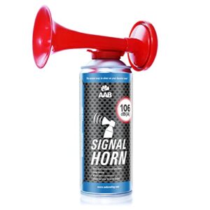 AABCOOLING Signal Horn in einer silbernen Sprühdose mit rotem Trichterhorn, 106 dB(A) Lautstärke, ideal für Sportveranstaltungen und Notfälle.