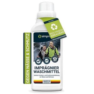 Flasche der simprax® Textil Wash-In Imprägnierung für Funktions- und Outdoortextilien wie Gore-Tex, umweltfreundlich und biologisch abbaubar.