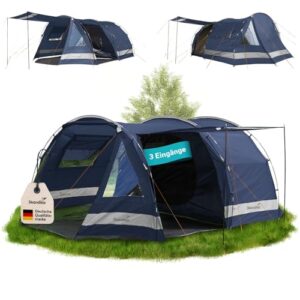 Skandika Kambo Tunnelzelt für 4 Personen in anthrazit/grün mit 3 Eingängen und Sonnendach, ideal für Camping und Outdoor-Aktivitäten.
