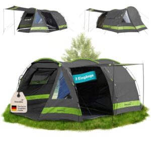 Skandika Kambo Tunnelzelt für 6 Personen, großes, wasserdichtes Zelt mit 3 Eingängen und Schlafkabine, ideal für Camping und Outdoor-Aktivitäten.
