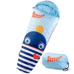 Bunter Kinderschlafsack Sorgenfresser Ping mit cartoonhaftem Design und Kapuze, ideal für Kinder bis 140 cm, perfekt für Camping und Übernachtungen.
