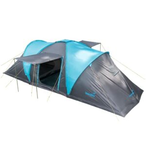 Skandika Kuppelzelt Hammerfest Sleeper Protect für 4 Personen in Grau und Blau mit eingenähtem Zeltboden und Moskitonetzen.