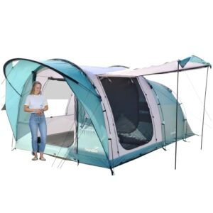 Skandika Tunnelzelt Egersund 3 Sleeper Protect für 3 Personen in hellen Türkis- und Grautönen mit Vordach und eingenähtem Zeltboden, ideal für Campingaktivitäten.