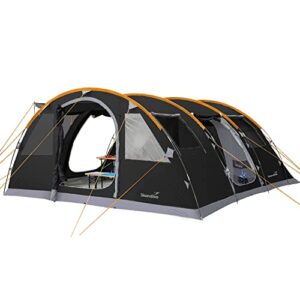 Skandika Tunnelzelt Gotland für 6 Personen in grau und orange, ideal für Familiencamping mit eingenähtem Zeltboden, wasserdichtem Material und Moskitonetzen an den Eingängen.