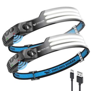 Zwei Smiling Shark Stirnlampen mit breitem Sichtwinkel und LED-Beleuchtung auf blauem Hintergrund. Ideal für Outdoor-Aktivitäten wie Camping und Joggen.