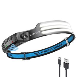 Smiling Shark Stirnlampe mit 230° Weitwinkel und 3 LEDs in sleek Design, ideal für Camping, Joggen und Angeln