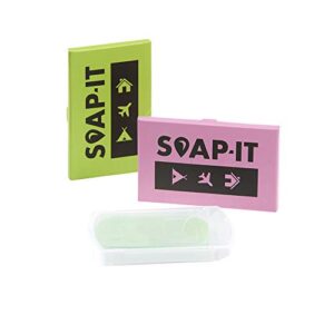 Soap-IT Seifenblätter in rosa und grün, praktische Mini Seife für unterwegs mit Piktogrammen für Camping und Reisen.