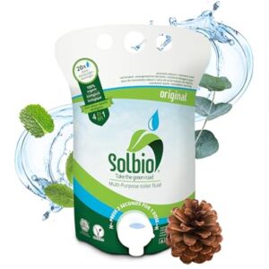 Verpackung der Solbio Original Sanitärflüssigkeit für Campingtoiletten, bio und vegan, 0,8 Liter, umweltfreundlich mit Duft von Eukalyptus, Kiefer und Minze.