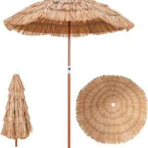 FANTASK Sonnenschirm Hawaii im tropischen Stil, höhenverstellbar und neigbar, ideal für Garten und Strand mit UV-Schutz, gefertigt aus wetterbeständigem Stroh und robustem Metall.