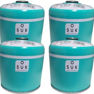Set von vier SOUK ONE Premium Gaskartuschen mit Schraubventil für Camping und Outdoor-Aktivitäten, in leuchtendem Cyan mit klaren Etiketten, die die Verwendung im Freien unterstreichen.