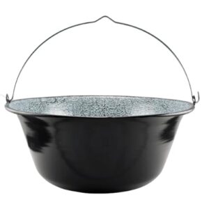 Emaillierter Gulaschkessel in Schwarz mit hellblauem Inneren, ideal für Gulasch und Eintöpfe im Freien