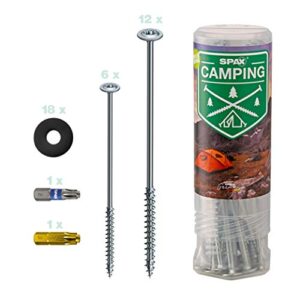 SPAX Zeltschrauben Camping-Komplettset mit 18 Schraubheringen in zwei Längen und Zubehör für Outdoor-Aktivitäten