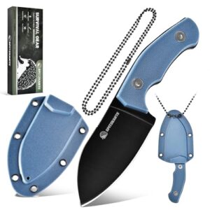 SPITZKANTE Neck Knife Messer P-DA mit 7,1 cm schwarzer Klinge aus 5Cr14MoV Stahl und ergonomischem hellblauen Griff in ABS-Scheide, ideal für Camping und Outdoor-Aktivitäten.
