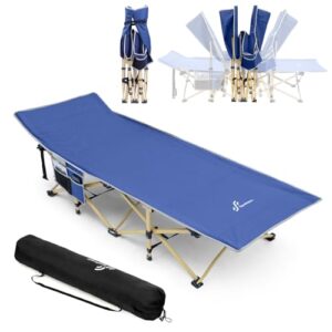 Klappbares Feldbett in Blau, ideal für Camping, mit Tragetasche und stabiler Konstruktion, geeignet für bis zu 204 kg.
