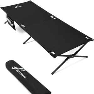 Sportneer Feldbett Klappbett 199x73 cm in schwarz, ideal für Camping, Wandern und Outdoor-Aktivitäten, zusammengeklappt für einfachen Transport.