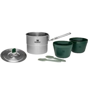 6-teiliges Edelstahl Campingkochset für zwei Personen mit Kochtopf, Schüsseln und Löffeln, ideal für Outdoor-Aktivitäten wie Camping und Backpacking.