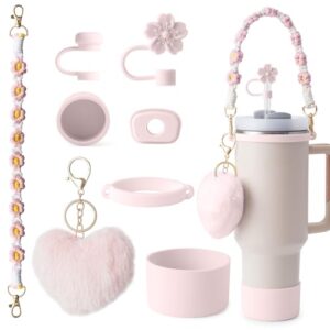 8-teiliges Stanley Cup Zubehörset mit Tragegriff, Strohhalmabdeckung, auslaufsicheren Deckelstöpseln, Strohhalmkappen, flauschigem Anhänger und Silikon-Bodenmanschette in sanften Rosa- und Pastellfarben.