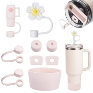 FOSFUKEER Stanley Cup-Zubehörset mit auslaufsicheren Silikonstopfen und Strohdeckeln in rosa pastellfarben, ideal für langlebige Trinkbehälter.