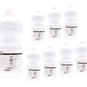 Steriles Wasser AQUA B. Braun in 8 unzerbrechlichen PP-Flaschen zu je 1000 ml, ideal für medizinische Anwendungen und präzise Dosierung.