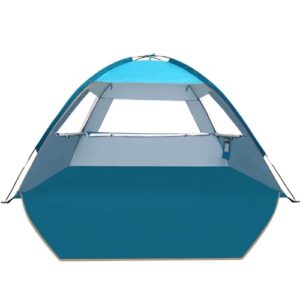 Tragbare Strandmuschel für 3-4 Personen mit UV-Schutz 50+, ideal für Familienausflüge und Outdoor-Aktivitäten, ausgeklappt am Strand.
