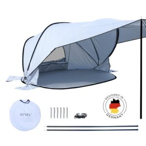 Strandmuschel Pop Up für 3-4 Personen mit Sonnensegel und UV Schutz UPF 50+, ideal für Strand, Camping, Garten und Angeln.