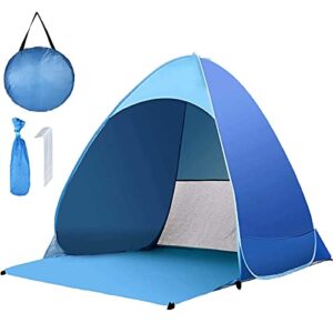 Tragbare Strandmuschel Pop Up in Blau, ideal für 2-3 Personen, mit Netzfenster für Belüftung und Zubehör wie Tragetasche und Zeltpflöcken, perfekten UV-Schutz für den Strand und Camping.