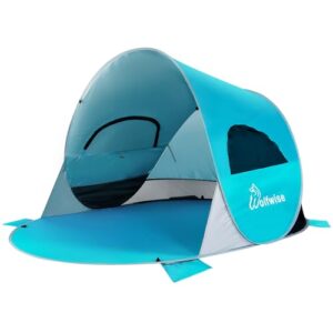 Pop-Up Strandmuschel Zelt für 3-4 Personen mit UV-Schutz 50+, ideal für Camping und Strand. Robuste Konstruktion, einfache Handhabung und optimale Belüftung.