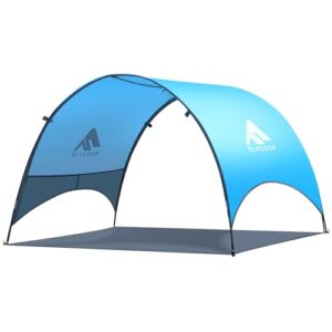 Faltbares Strandzelt in hellblau mit 360° Belüftung und großen seitlichen Aufbewahrungstaschen, ideal für UV-Schutz am Strand.