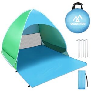 Funktionale Strandmuschel mit UV-Schutz 50+ für 2-3 Personen, ideal für Strand-, Camping- und Gartenaktivitäten, in blau-grüner Farbgestaltung.