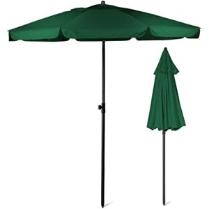 SUNMER 2M Parasol in Dunkelgrün, montiert auf stabilem schwarzen Gestell, vollständig geöffnet für optimalen Sonnenschutz im Garten oder auf der Terrasse.