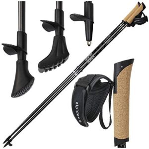 ALPIDEX Superleichter Carbon Nordic Walking Stock in 115 cm, ergonomischer Griff mit Kork, zwei schwarze Stöcke, verschiedene Aufsätze für unterschiedliche Untergründe und komfortable Handschlaufe für Nordic Walking Aktivitäten.