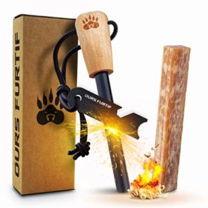 Survival Feuerstein Feuerstahl XL 10mm mit hölzernem Griff und Feueranzünder-Set für Outdoor und Bushcraft Aktivitäten.