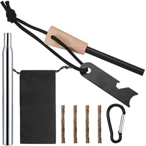 Survival Feuerstein und Outdoor Feuerstarter Set mit Holzgriff, Zündstahl und Feueranzündern für Camping und Bushcraft