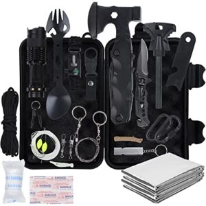 Survival Kit 18 in 1 im robusten Gehäuse mit vielseitigen Werkzeugen für Outdoor-Abenteuer, einschließlich Taschenlampe, Klappmesser und Kompass.