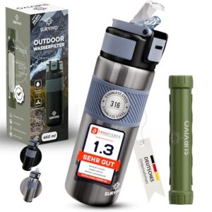 Stylische Outdoor Wasserfilter Trinkflasche aus Edelstahl mit 660 ml Kapazität und herausnehmbarem Filter, ideal für Camping und Wandern.