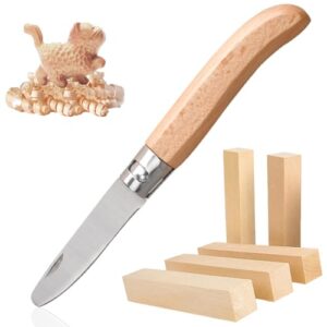 Schnitzmesser Set für Kinder mit vier Holzteilen und ergonomischem Messer, ideal für kreative Handwerksprojekte.