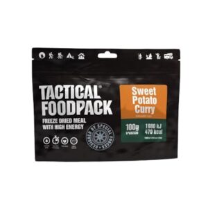 Tactical Foodpack Süßkartoffel-Curry - Gefriergetrocknete Mahlzeit für Outdoor, Trekking und Notfälle, verpackt in funktionalem Design mit Nährwertangaben.