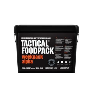 Tactical Foodpack Weekpack Alpha mit 21 gefriergetrockneten Mahlzeiten, ideal für Outdoor-Abenteuer und Notfälle. Der schwarze Eimer zeigt klare Beschriftungen und wichtige Nährwertinformationen.