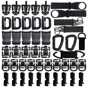 48-teiliges Tactical Gear Clip Set mit MOLLE-Gurtaufsätzen für Outdoor-Aktivitäten, bestehend aus Karabinerhaken, Clips und Schnallen für Rucksäcke und militärische Ausrüstung.
