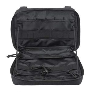 Schwarze taktische Aufbewahrungstasche aus strapazierfähigem 1000D Nylon, geöffnet und mit elastischen Schlaufen sowie Fächern zur Organisation von Utensilien für Outdoor- und medizinische Anwendungen.