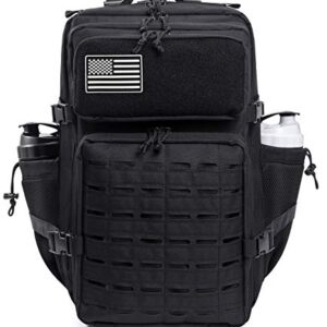 Schwarzer taktischer Militär Rucksack mit MOLLE-System und mehreren Fächern für effektive Organisation, ideal für Outdoor-Aktivitäten und militärische Einsätze.