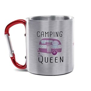 Edelstahltasse mit Karabinerhenkel und dem Aufdruck 'Camping Queen', ideal für Outdoor-Aktivitäten und Camping, 280 ml.