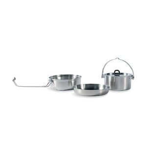 Drei Teile Camping-Kochgeschirr aus Edelstahl, bestehend aus einer Pfanne, einem Topf mit Deckel (0,8L) und einer Schale, ideal für Outdoor-Aktivitäten.