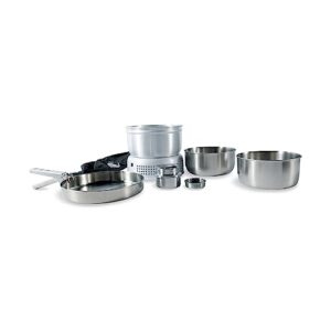 Tatonka Multi Set 8-teiliges Camping-Kochgeschirr aus Edelstahl mit Pfanne, zwei Töpfen und Alkoholbrenner für Outdoor-Abenteuer.