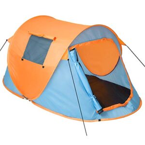 Pop-Up Wurfzelt für 2 Personen in Blau und Orange, ideal für Camping und Outdoor-Aktivitäten, ausgestattet mit Wasserschutz und stabilen Abspannleinen.