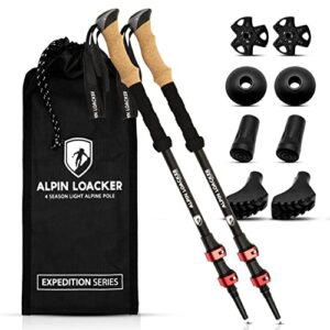 ALPIN LOACKER Teleskop Wanderstöcke aus Aluminium mit ergonomischen Korkgriffen, ideal für Nordic Walking, Trekking und Skifahren, in rotem Design mit umfangreichem Zubehör in Tragetasche.