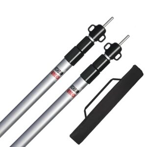 Zwei hochwertige Teleskop-Zeltstangen aus Aluminium, stufenlos verstellbar von 95 bis 230 cm, ideal für Tarps, Planen und Sonnensegel, in silberner Farbe mit Tragetasche.